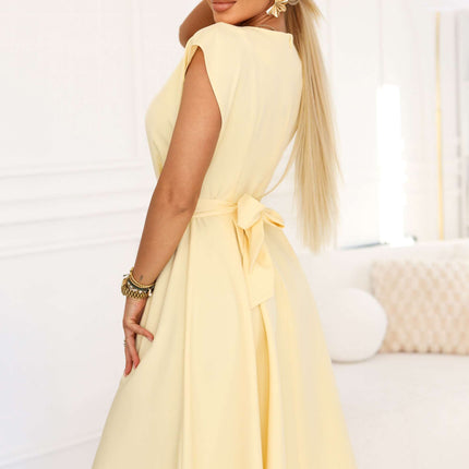 348-13 SCARLETT Flared Midi Dress with Wrap Neckline and Belt - Butter Yellow