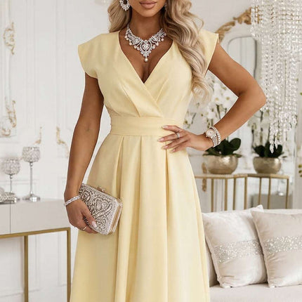 348-13 SCARLETT Flared Midi Dress with Wrap Neckline and Belt - Butter Yellow