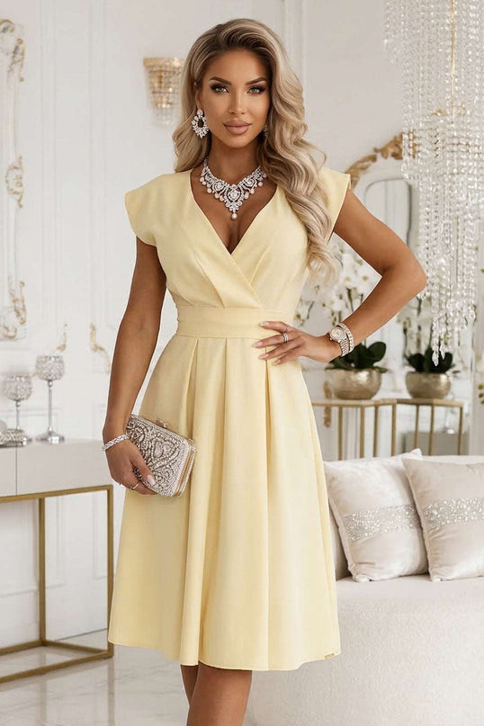 348-13 SCARLETT Flared Midi Dress with Wrap Neckline and Belt - Butter Yellow