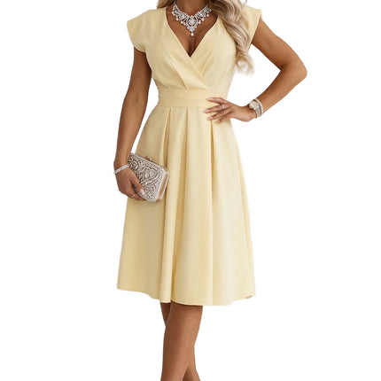 21403-13-348-13 SCARLETT Flared Midi Dress with Wrap Neckline and Belt - Butter Yellow-13
