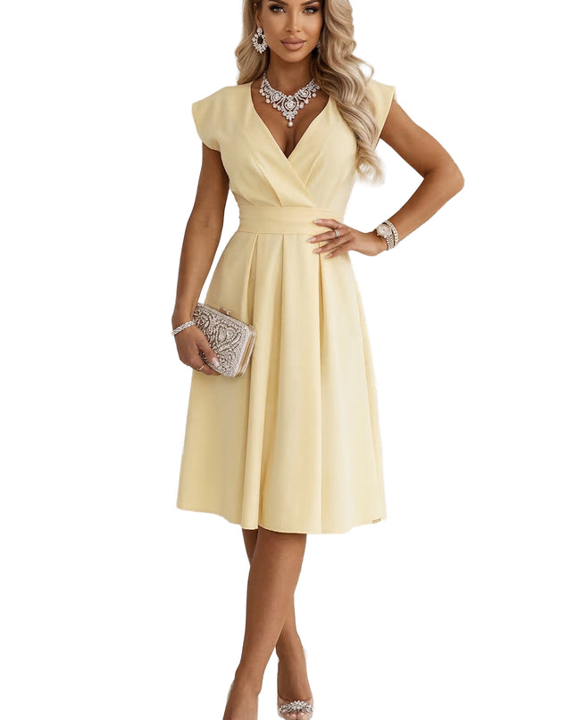 348-13 SCARLETT Flared Midi Dress with Wrap Neckline and Belt - Butter Yellow