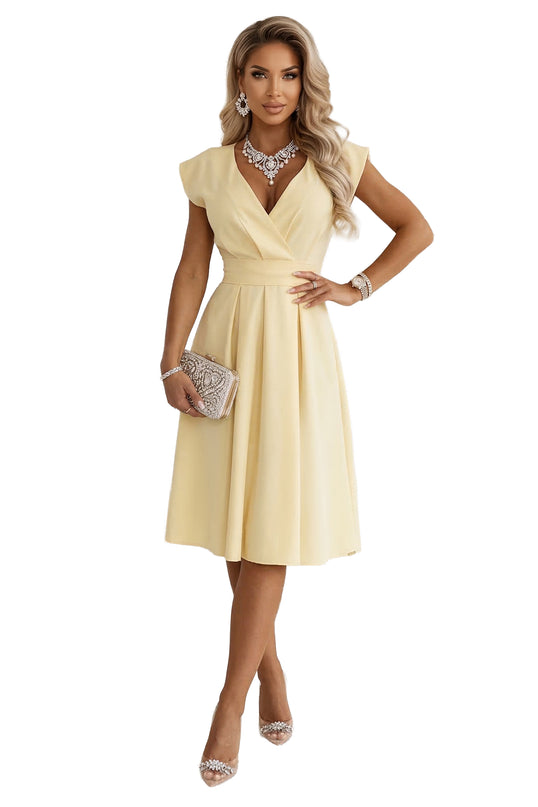 348-13 SCARLETT Flared Midi Dress with Wrap Neckline and Belt - Butter Yellow
