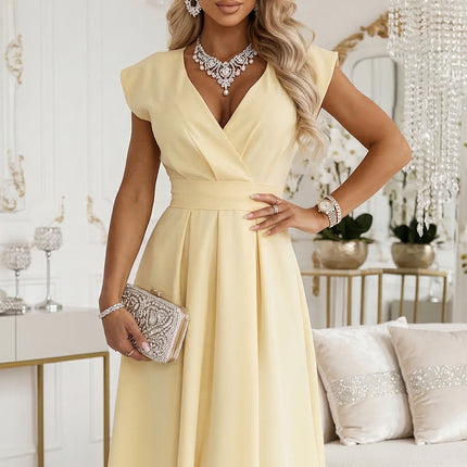 21403-7-348-13 SCARLETT Flared Midi Dress with Wrap Neckline and Belt - Butter Yellow-7