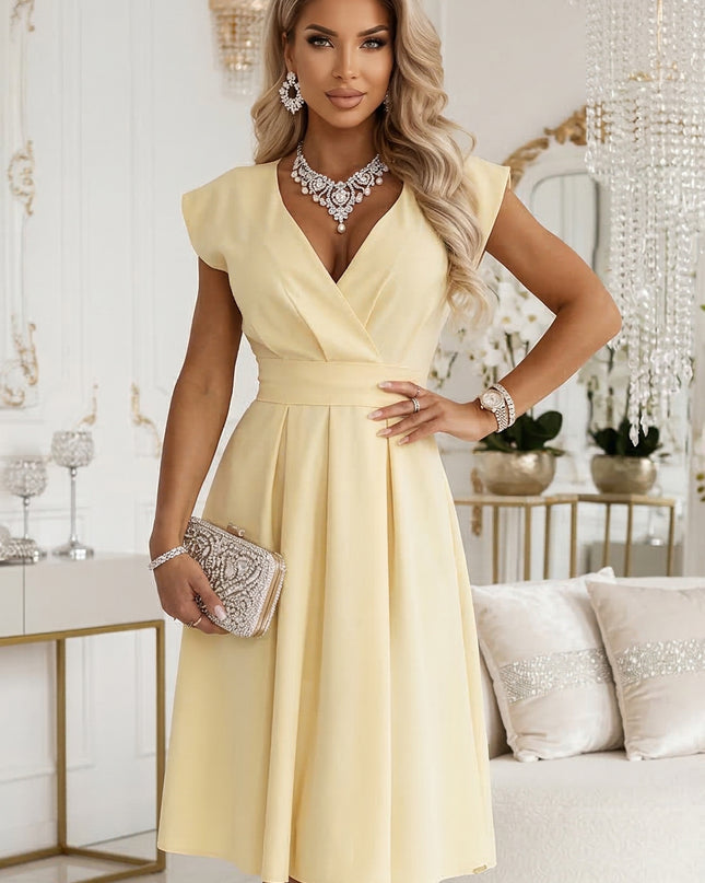 348-13 SCARLETT Flared Midi Dress with Wrap Neckline and Belt - Butter Yellow
