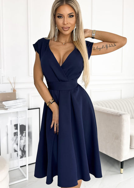 348-6 SCARLETT - flared dress with a neckline - dark blue