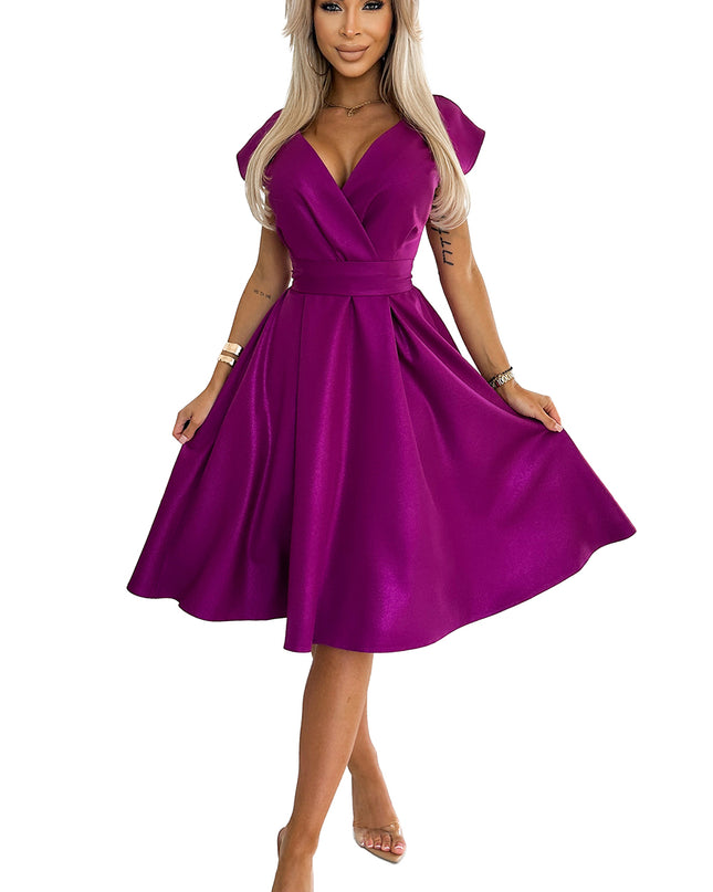 348-8 SCARLETT flared dress with a neckline - fuchsia with glitter