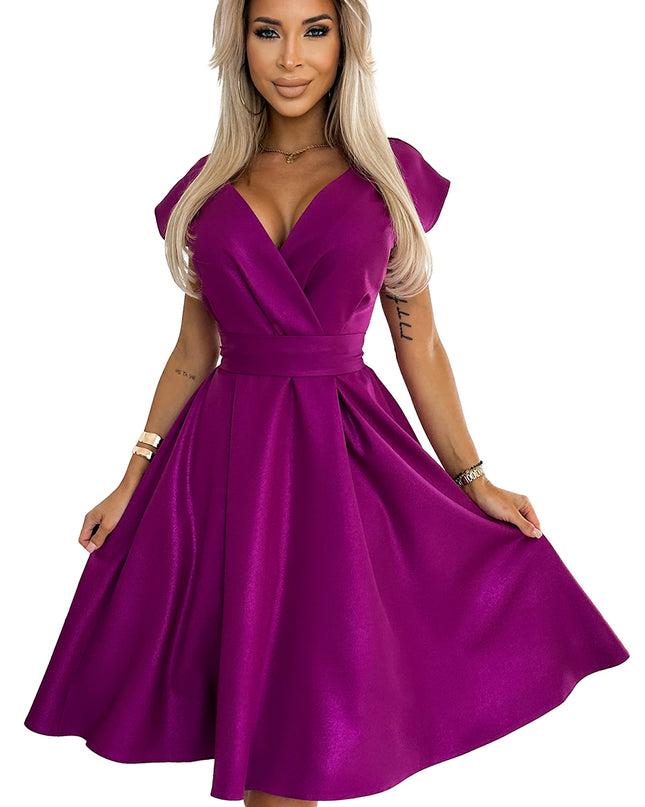 348-8 SCARLETT flared dress with a neckline - fuchsia with glitter