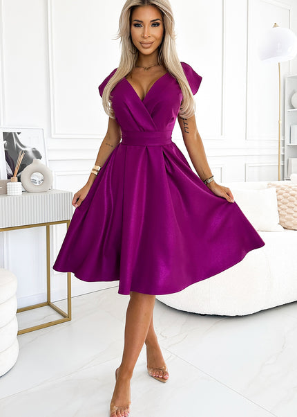 348-8 SCARLETT flared dress with a neckline - fuchsia with glitter