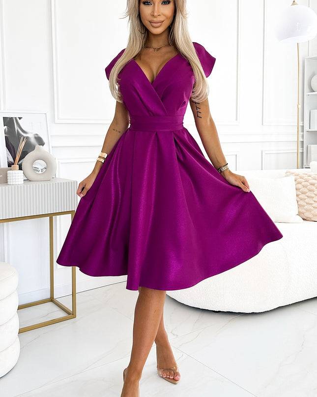 348-8 SCARLETT flared dress with a neckline - fuchsia with glitter