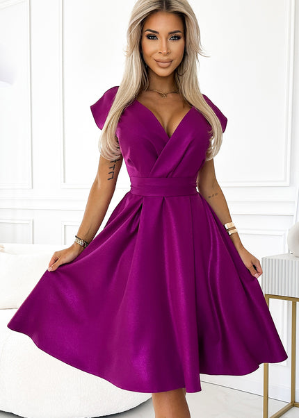 348-8 SCARLETT flared dress with a neckline - fuchsia with glitter