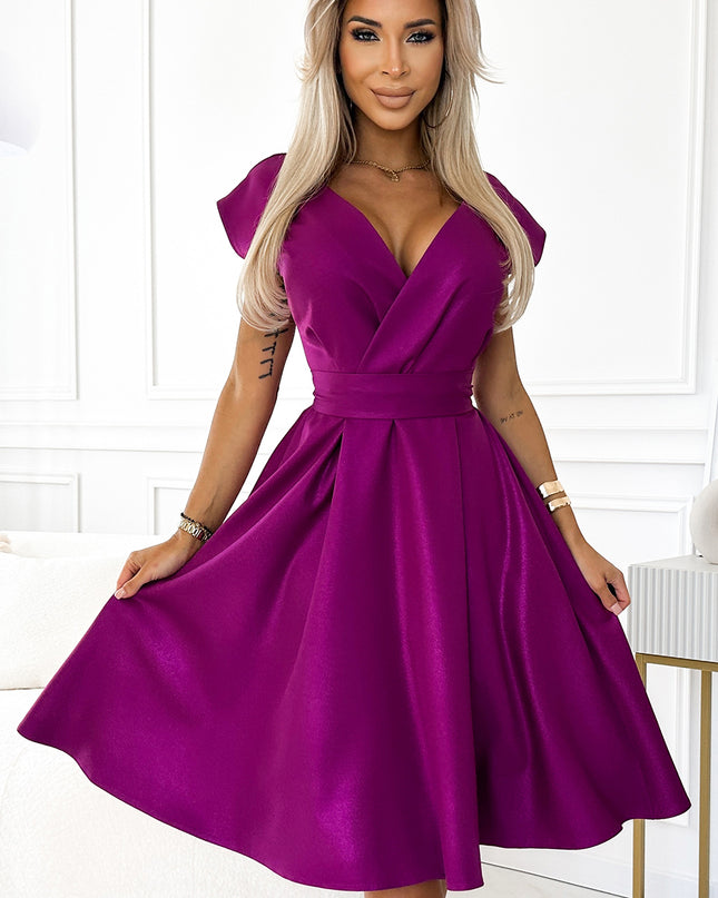 348-8 SCARLETT flared dress with a neckline - fuchsia with glitter