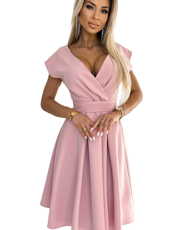 348-9 SCARLETT flared dress with a neckline - powder pink