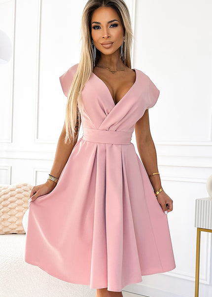 348-9 SCARLETT flared dress with a neckline - powder pink