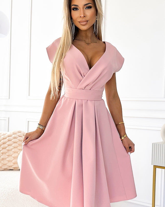 348-9 SCARLETT flared dress with a neckline - powder pink