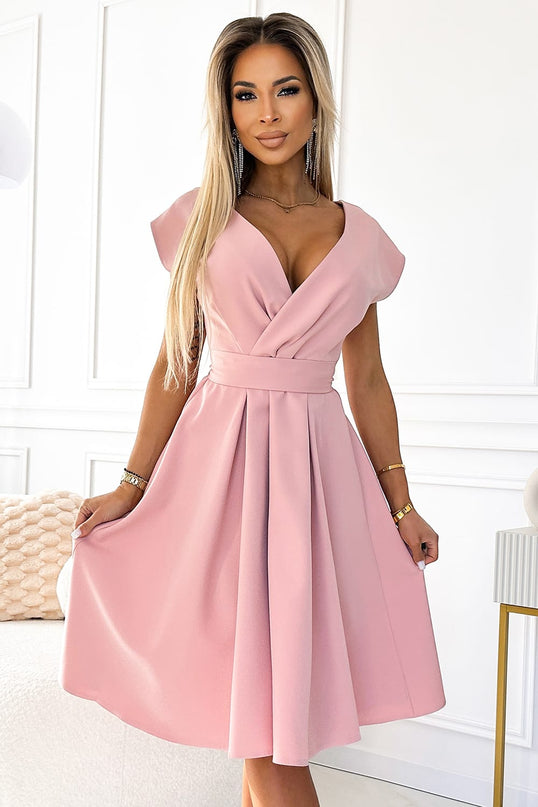 348-9 SCARLETT flared dress with a neckline - powder pink
