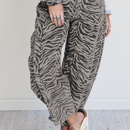 Gray Zebra Stripe Printed Wide Leg Jeans