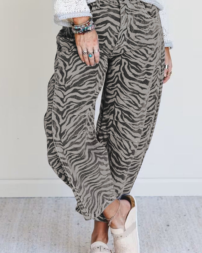 Gray Zebra Stripe Printed Wide Leg Jeans