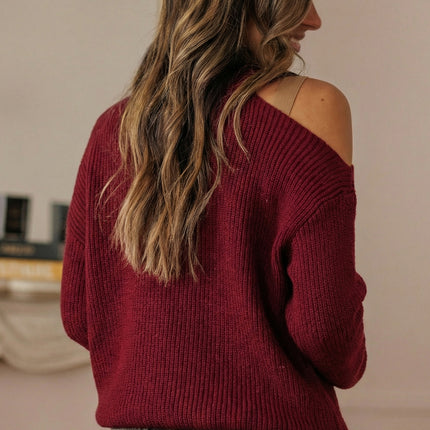 Burgundy Lace Bowknot Asymmetric Neck Sweater