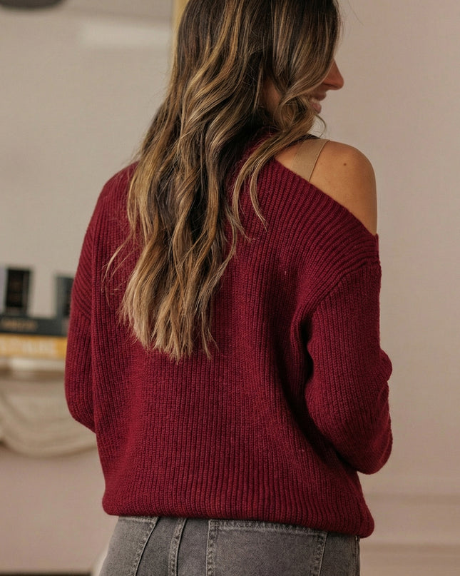 Burgundy Lace Bowknot Asymmetric Neck Sweater