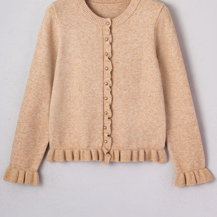 Oatmeal Ruffle Trim Gold Button Sweater Cardigan