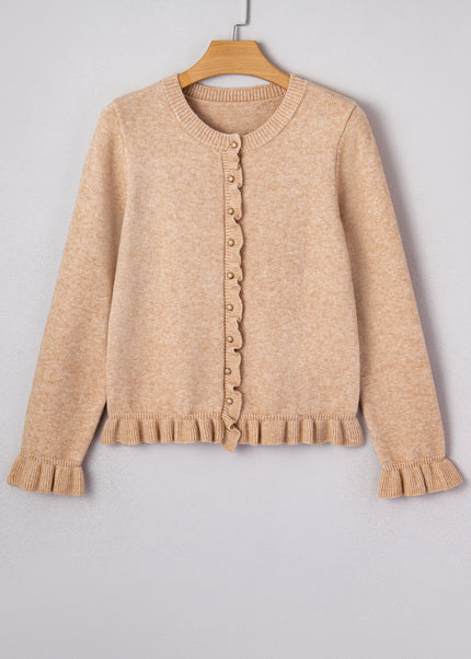 Oatmeal Ruffle Trim Gold Button Sweater Cardigan