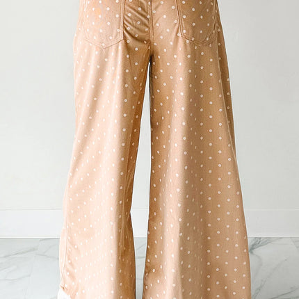 Khaki Polka Dot Print Drawstring Wide Leg Pants