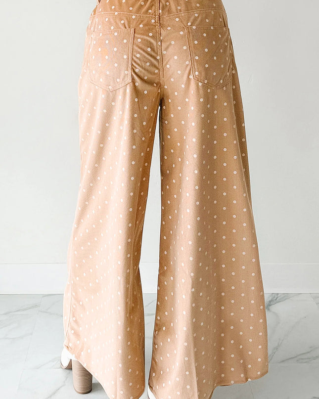 Khaki Polka Dot Print Drawstring Wide Leg Pants