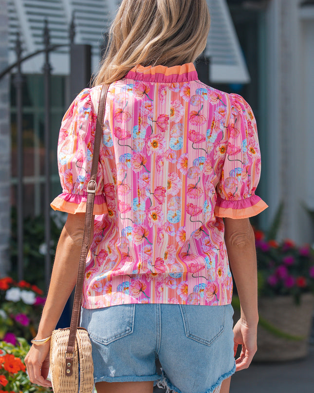 Pink Poppy Flower Striped Print Color Block Trim V Neck Short Sleeve Blouse