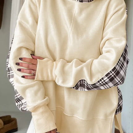 Beige Plaid Patchwork Side Slit Sweatshirt
