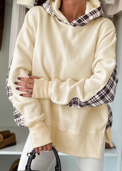 Beige Plaid Patchwork Side Slit Sweatshirt