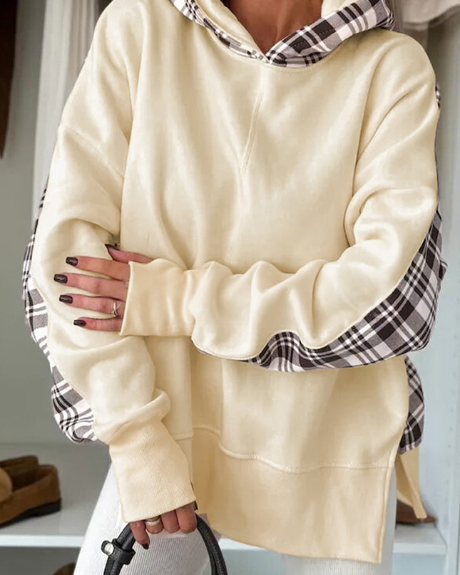 Beige Plaid Patchwork Side Slit Sweatshirt