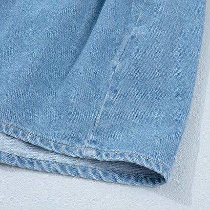 Beau Blue Button Down Short Puff Sleeve Ruffle Hem Patchwork Denim Dress
