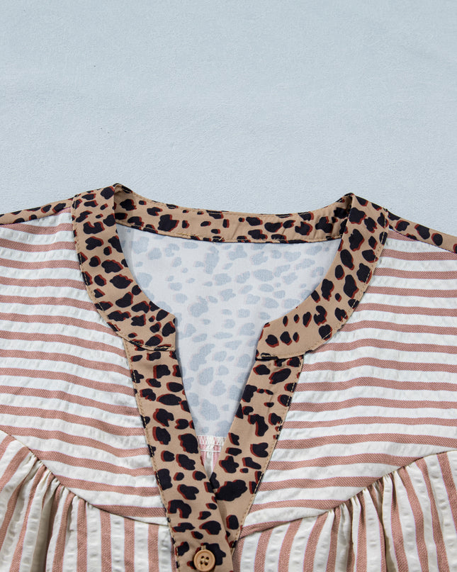 Sky Blue Stripe Leopard Trim V Neck Button Down Half Sleeve Shirt