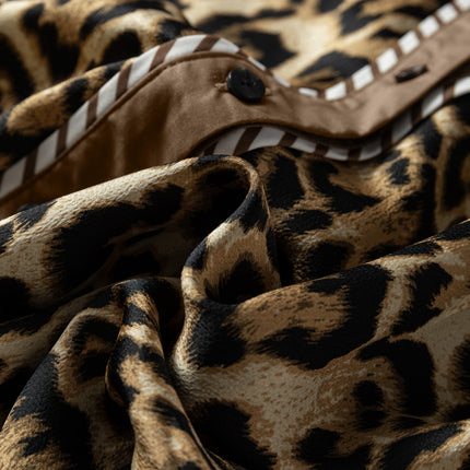 Brown Leopard Collared 3/4 Sleeve Shirt and Loose Pants Two Piece Outfit Set