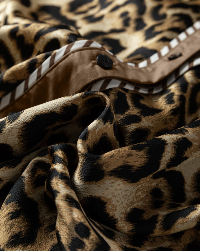 Brown Leopard Collared 3/4 Sleeve Shirt and Loose Pants Two Piece Outfit Set