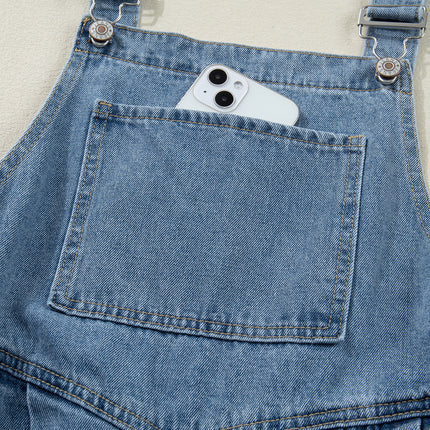 Dusk Blue Pleated Wide Leg Retro Pocketed Denim Jumpsuit