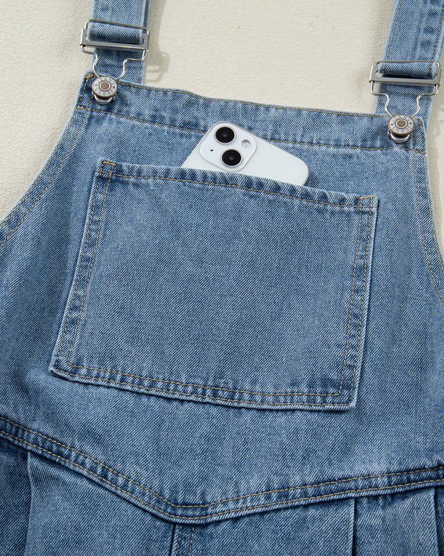 Dusk Blue Pleated Wide Leg Retro Pocketed Denim Jumpsuit
