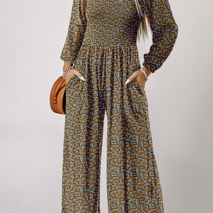 Brown Floral Print Western Smocked Bodice Square Neck Wide Leg Jumpsuit