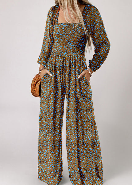 Brown Floral Print Western Smocked Bodice Square Neck Wide Leg Jumpsuit