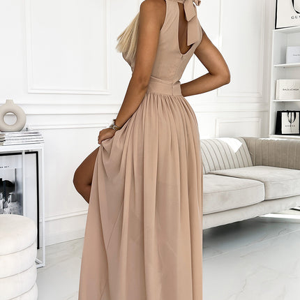Beige Long Dress with Tie Neckline – Justine
