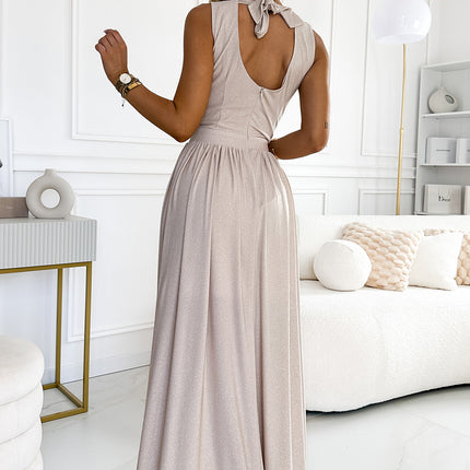 Beige Glitter Long Dress with Tie Back – Justine