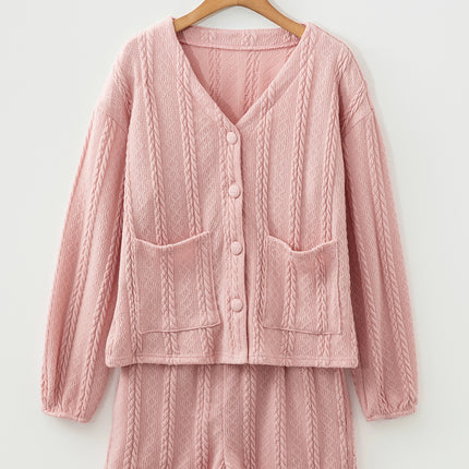 Gossamer Pink Cable Knit V Neck Cardigan Shorts Set