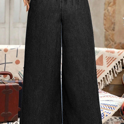 Sail Blue Plus Size Elastic Waist Ruffled Wide Leg Denim Pants