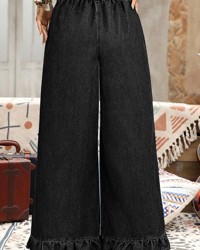 Sail Blue Plus Size Elastic Waist Ruffled Wide Leg Denim Pants