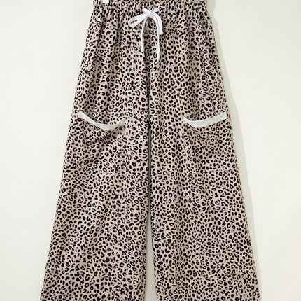 Khaki Animal Print Wide Leg Terry Knit Pants