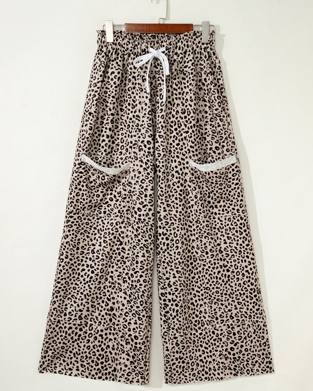 Khaki Animal Print Wide Leg Terry Knit Pants