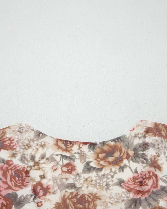 Red Floral Print Stitched Detail Tie V Neck Long Bell Sleeve Blouse
