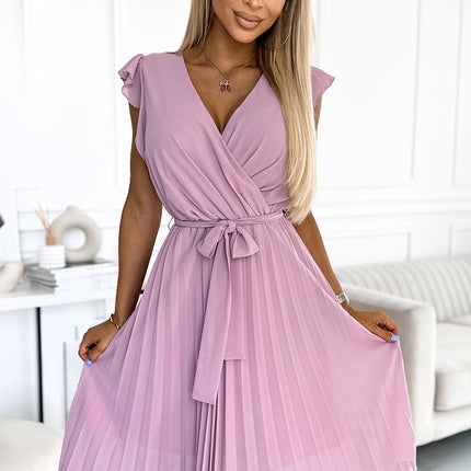 374-3 POLINA Pleated dress with a neckline and frills - dirty pink