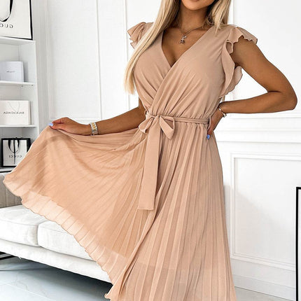 Beige Pleated Dress with Frills – Polina