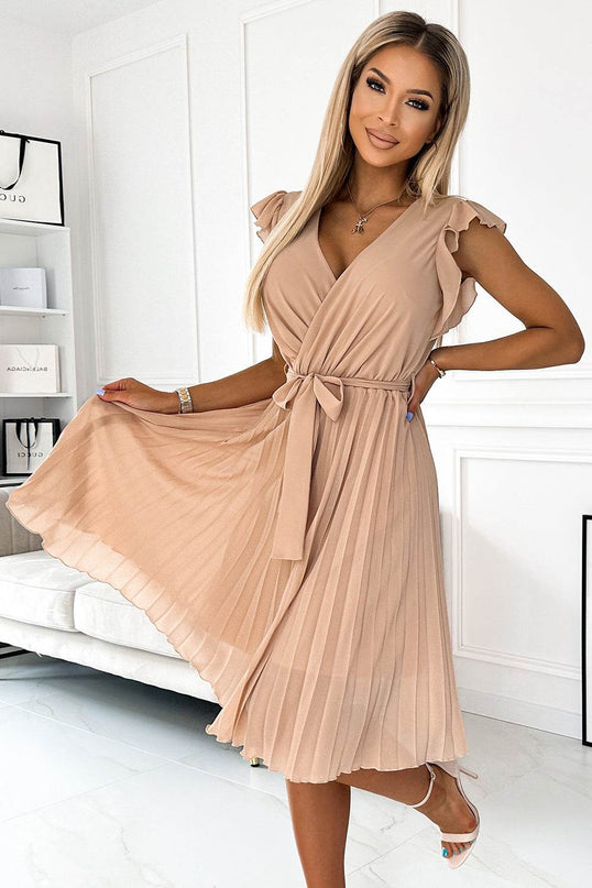 Beige Pleated Dress with Frills – Polina